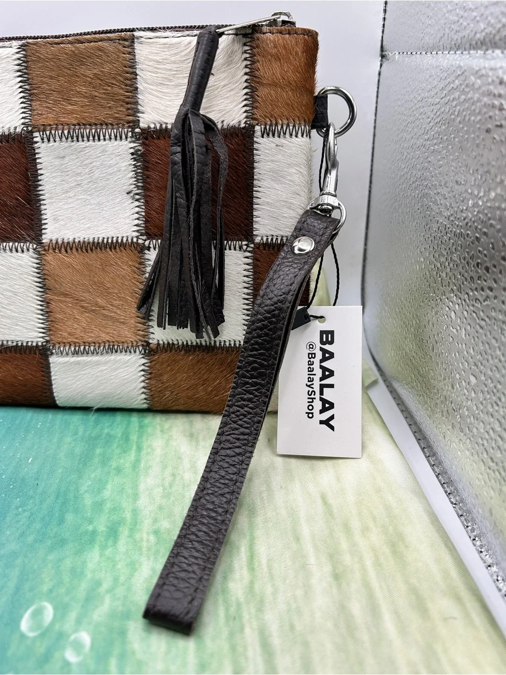 Checkerboard Hair on Hide Clutch / Wristlet, Brown & White Cowhide New With Tags